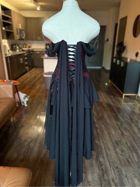 Off-Shoulder Lace-Up Gothic Corset Dress in Black and Burgundy- Handmade